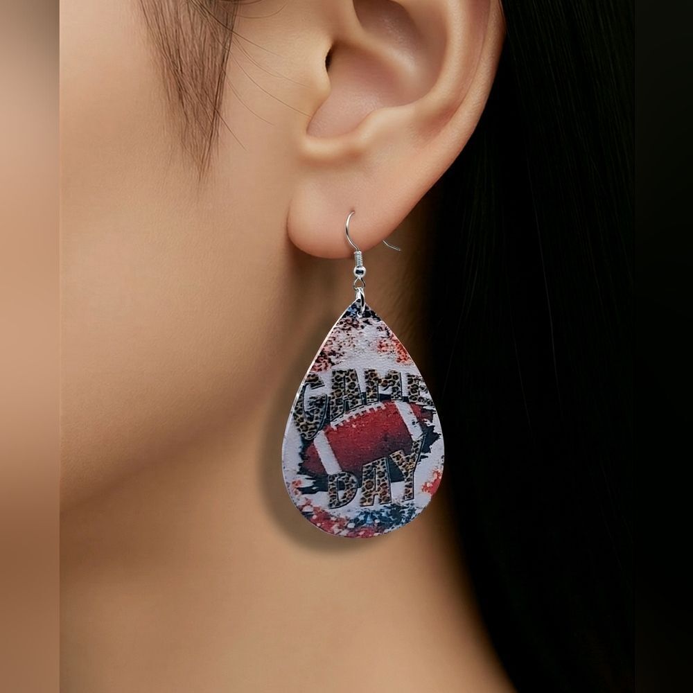 Game Day Football Fan Faux Leather Teardrop Sports Earrings Mom NFL Jewelry New